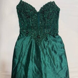 Strapless Deep Green Beaded Evening Gown